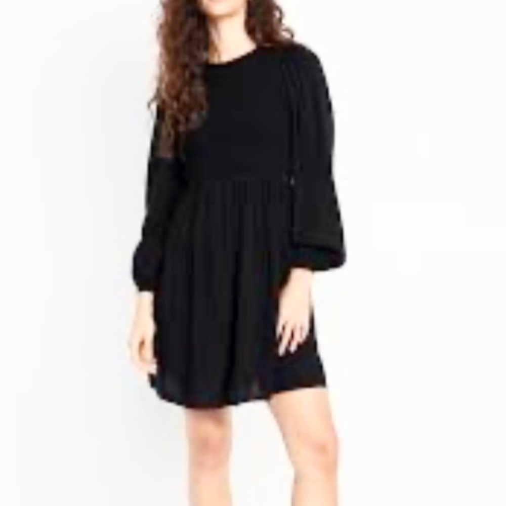 Old Navy Long Sleeve Babydoll Dress L Black Empire-Waist Casual Minimalist